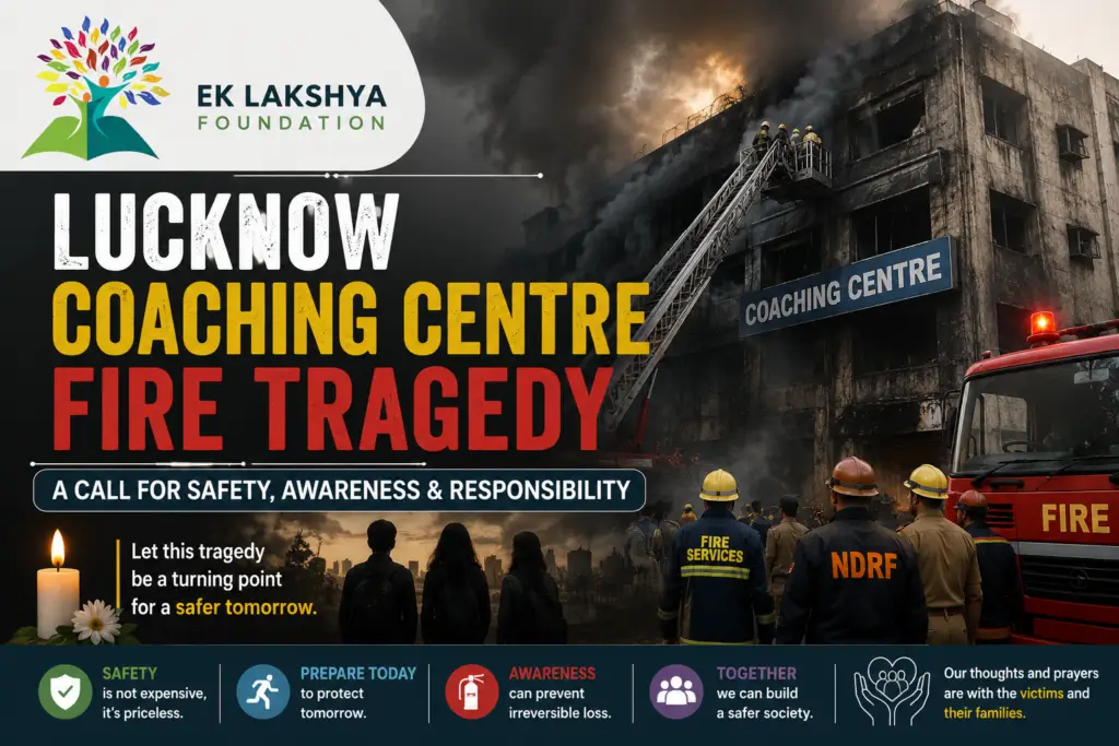 Lucknow Coaching Centre Fire tragedy showing rescue operations and fire safety awareness message by Ek Lakshya Foundation.