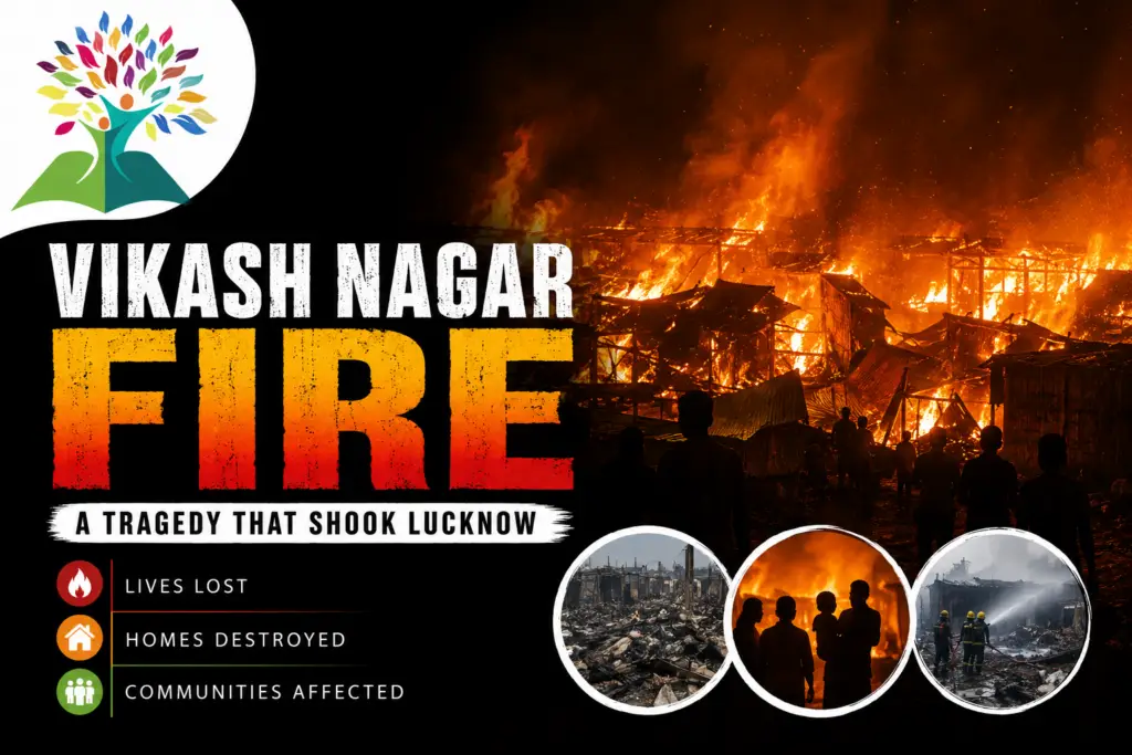 Vikas Nagar Fire Tragedy in Lucknow showing firefighters, emergency response teams, and a community safety awareness message by Ek Lakshya Foundation.